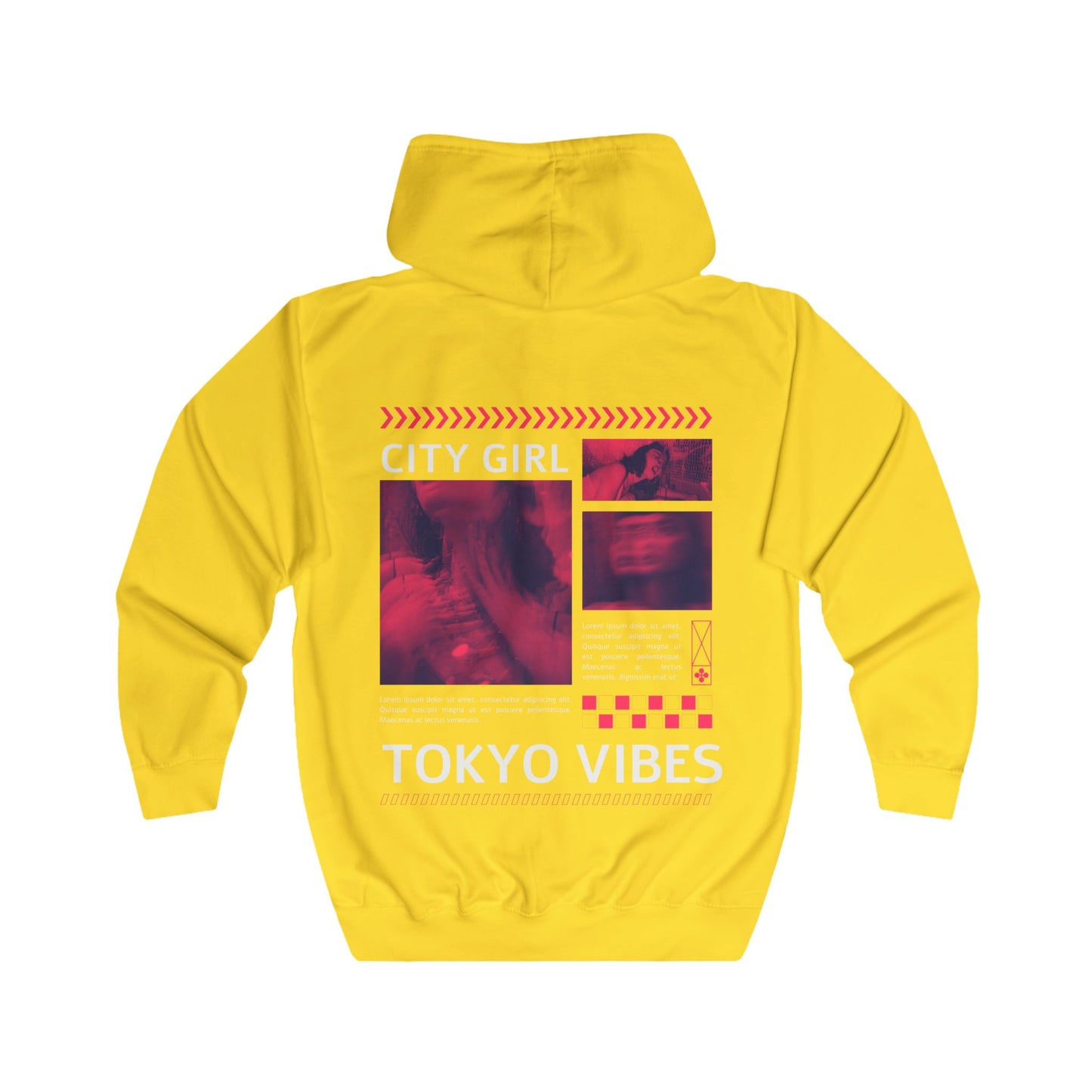 Full Zip Hoodie - City Girl Tokyo Vibes - Bright Yellow Streetwear