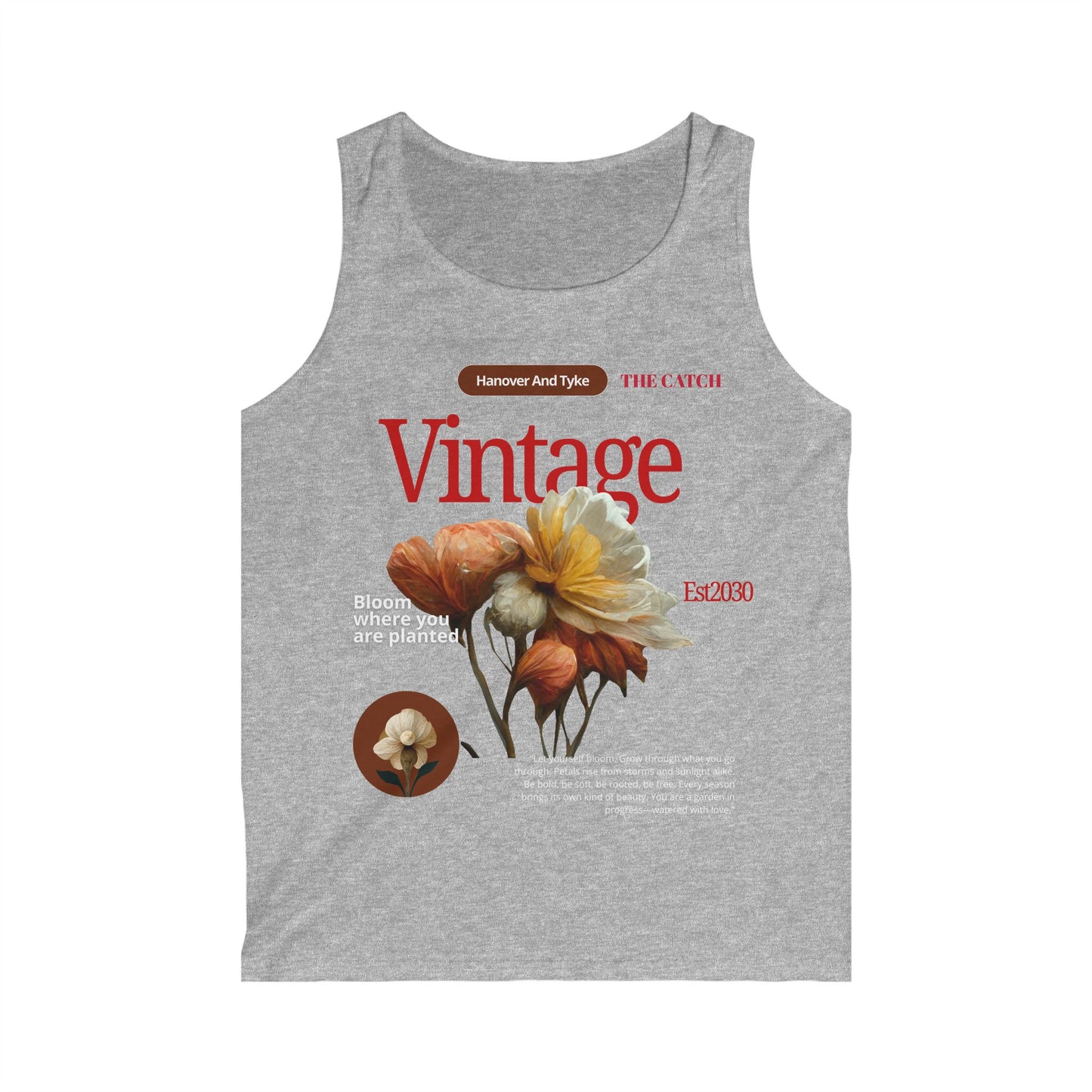 Vintage Floral Quote Men's Softstyle Tank Top - "Bloom Where You Are Planted" - THE CATCH