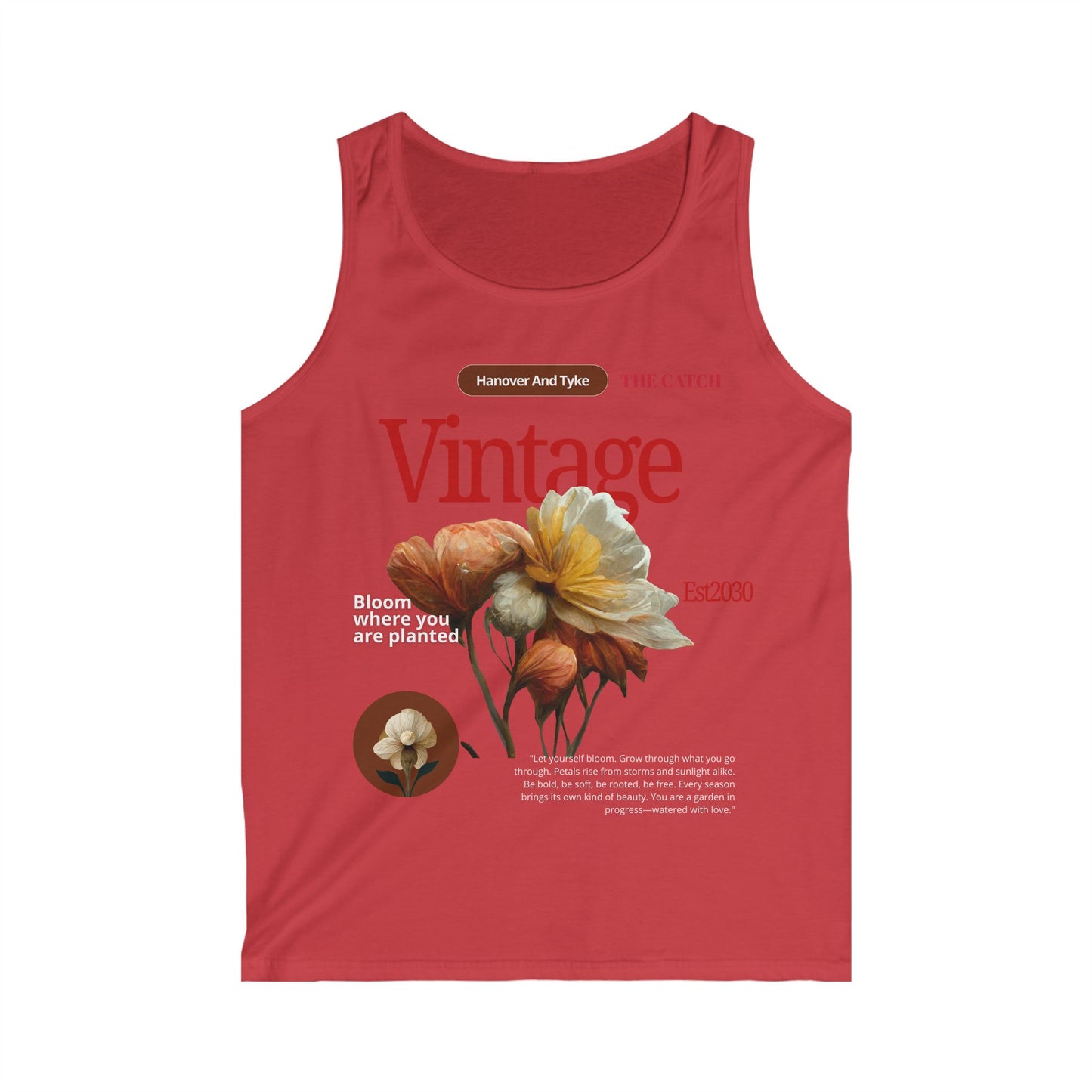 Vintage Floral Quote Men's Softstyle Tank Top - "Bloom Where You Are Planted" - THE CATCH