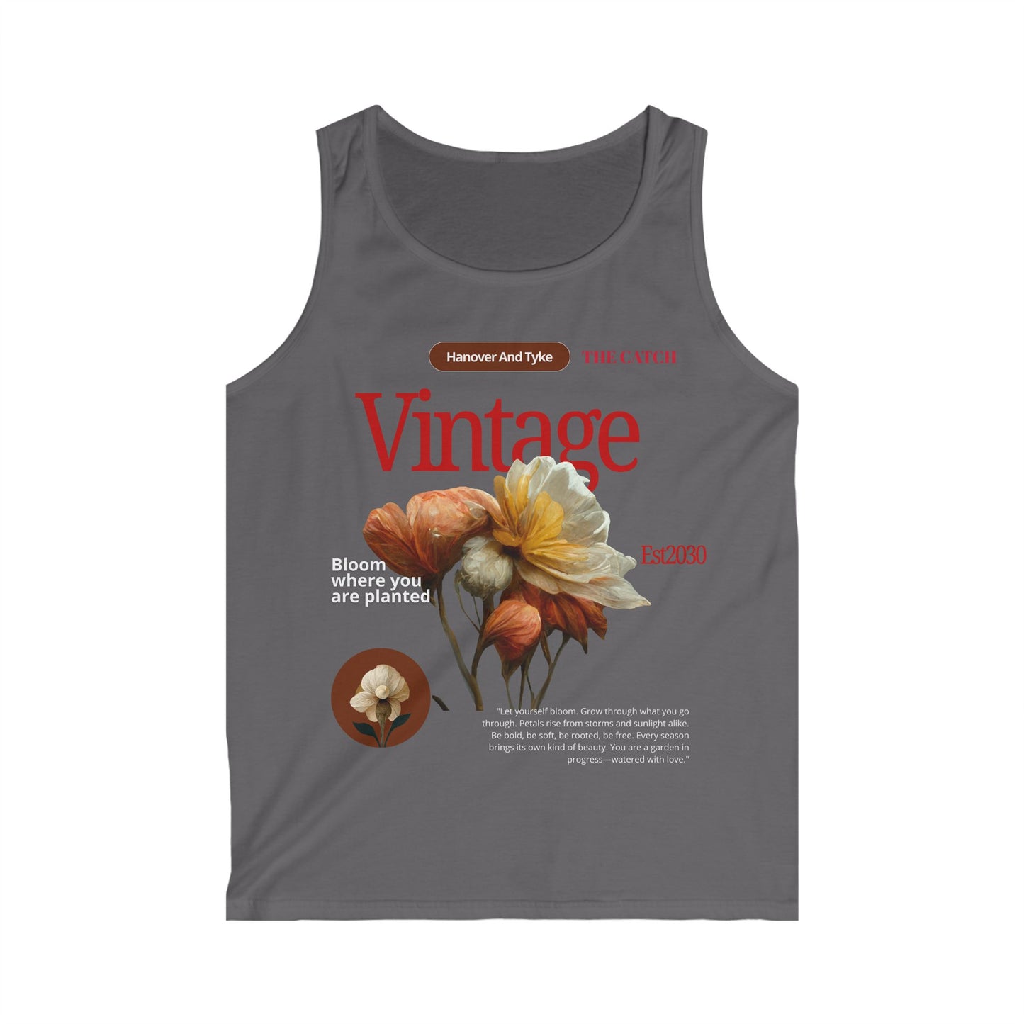 Vintage Floral Quote Men's Softstyle Tank Top - "Bloom Where You Are Planted" - THE CATCH
