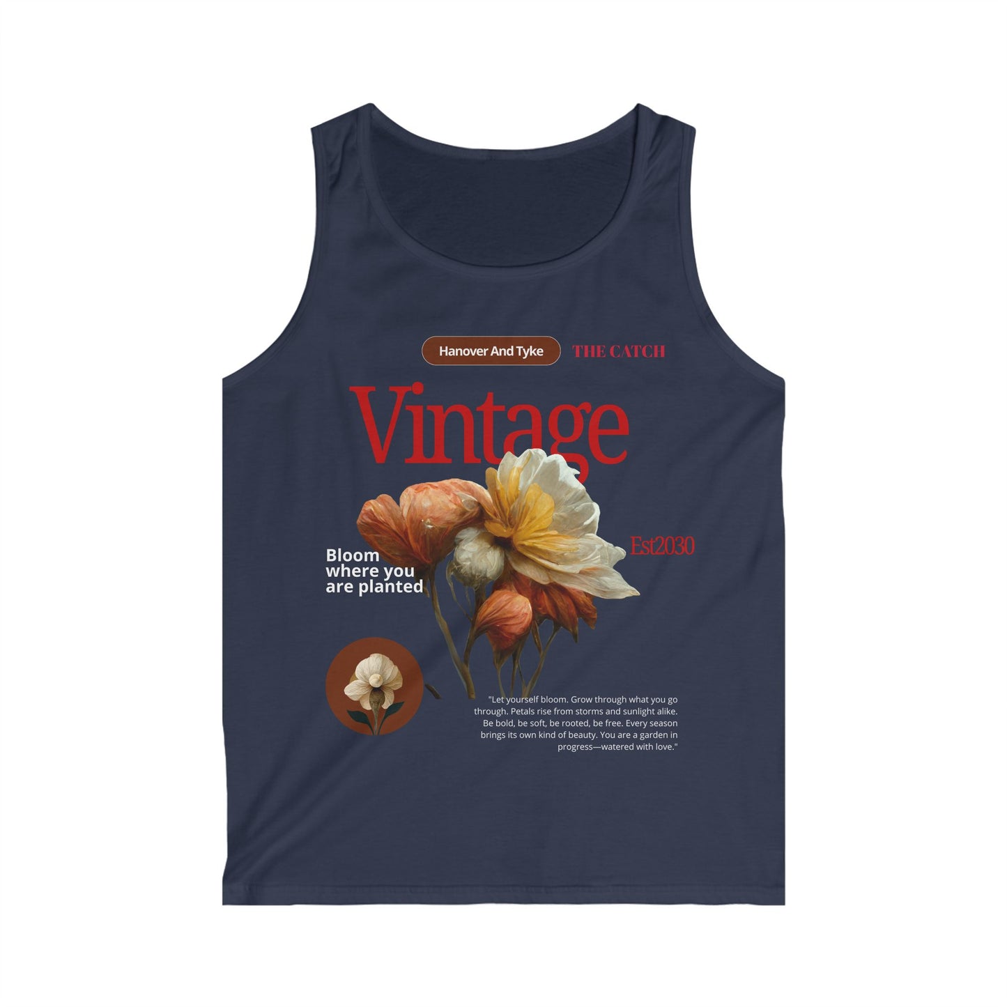 Vintage Floral Quote Men's Softstyle Tank Top - "Bloom Where You Are Planted" - THE CATCH