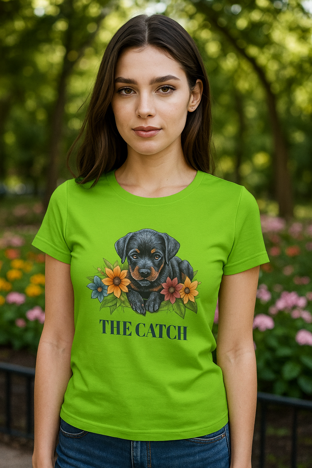 The Catch Dog-Themed Women's T-Shirt - Floral Design for Pet Lovers - THE CATCH