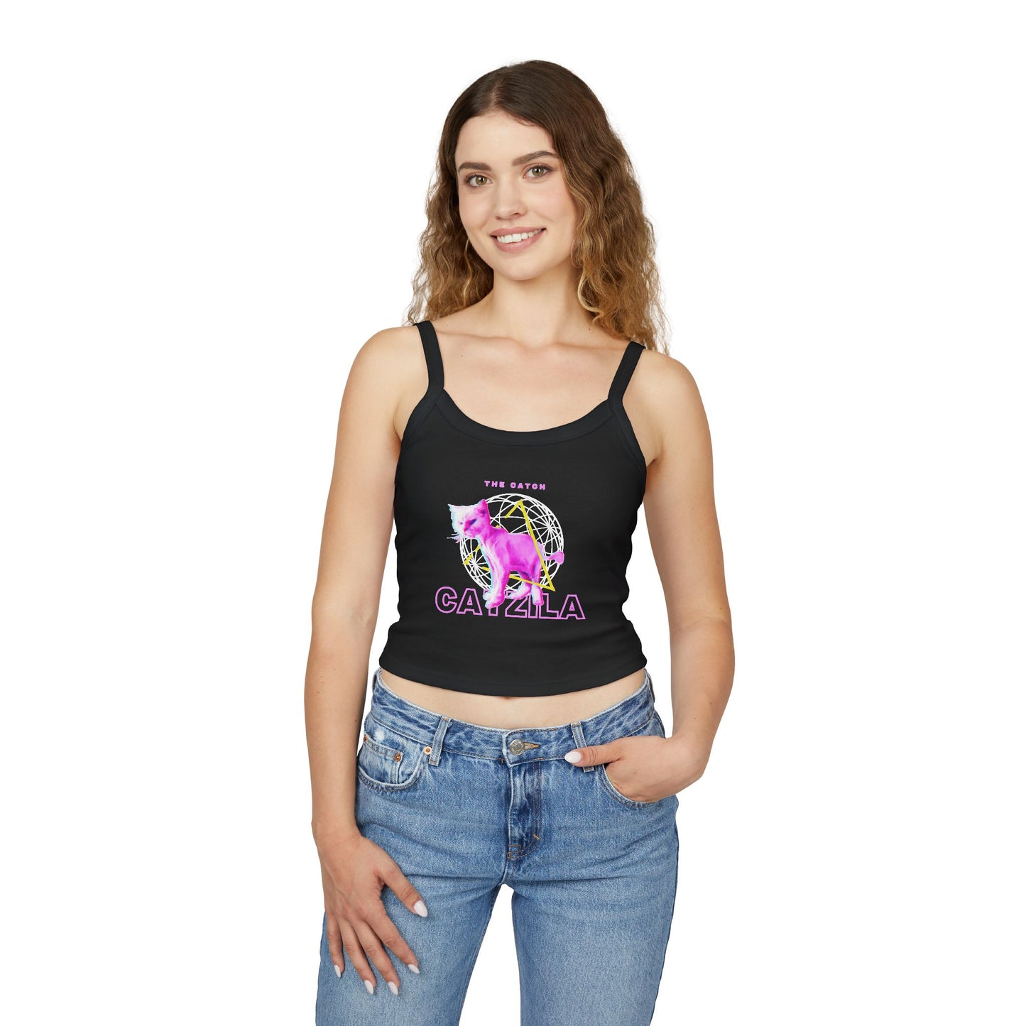 Colorful Cat Graphic Women's Tank Top, Summer Tops, Cute Cat Apparel, Gifts for Cat Lovers, Trendy Spaghetti Strap Shirt - THE CATCH