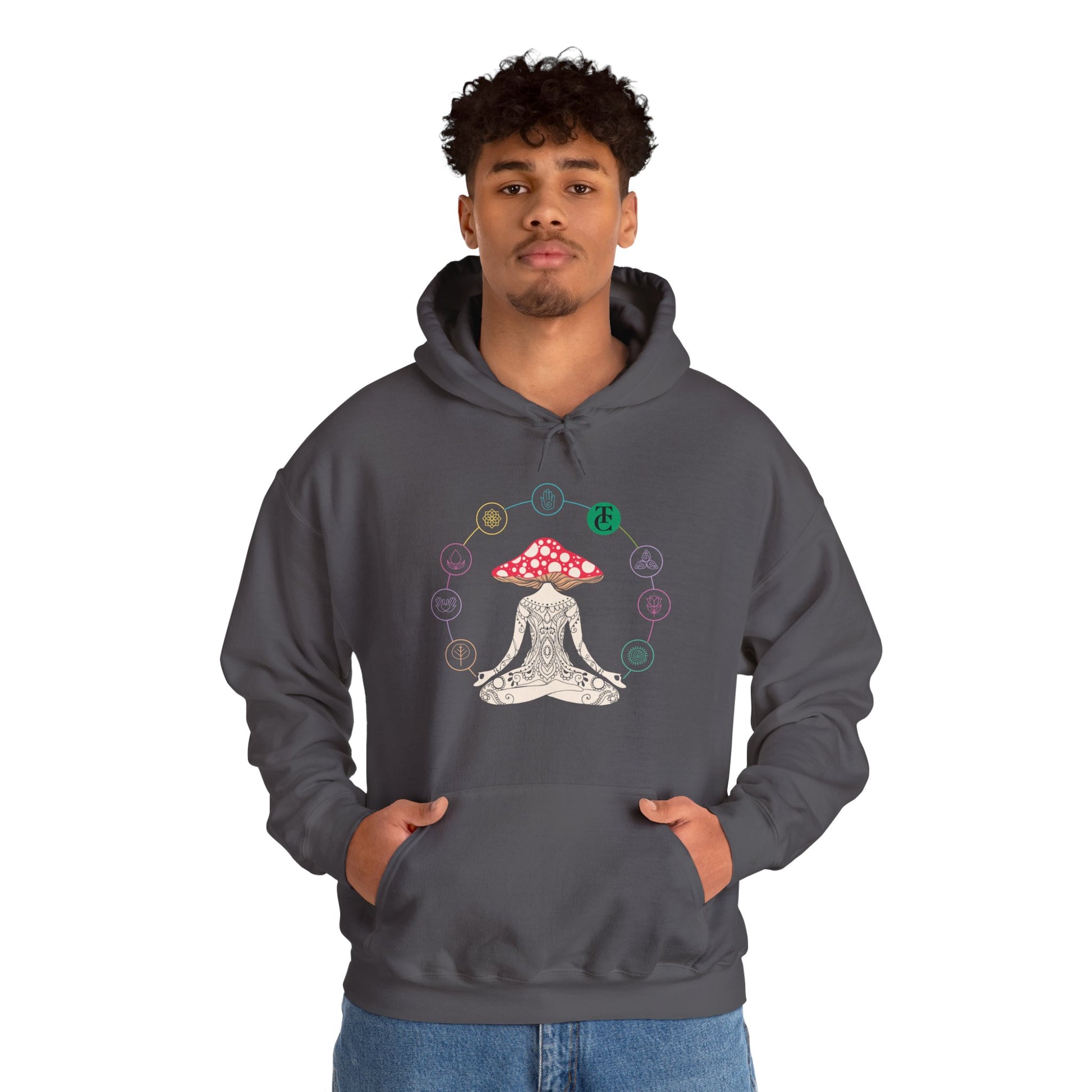 Meditative Mushroom Hoodie - Hooded Sweatshirt, Spiritual Fashion, Cozy Gift, Yoga Attire, Mindfulness Wear, Fall Fashion - THE CATCH