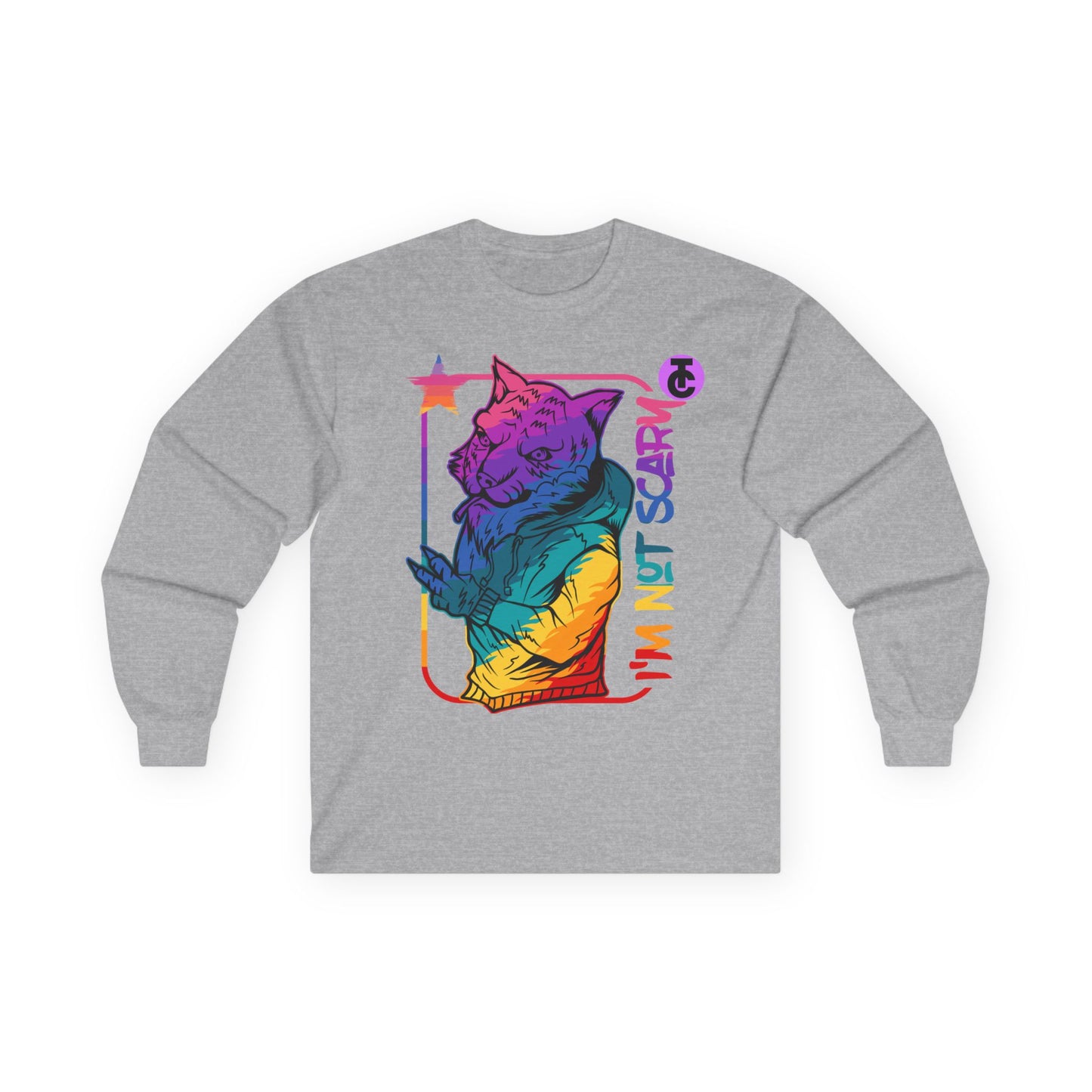 Colorful Cat Graphic Long Sleeve Tee - "I'm Not Scary"
