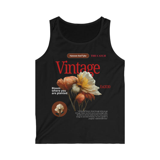 Vintage Floral Quote Men's Softstyle Tank Top - "Bloom Where You Are Planted" - THE CATCH