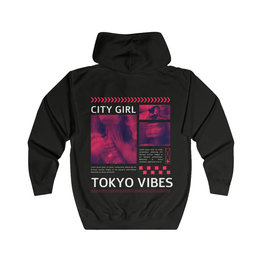 Full Zip Hoodie - City Girl Tokyo Vibes - Bright Yellow Streetwear