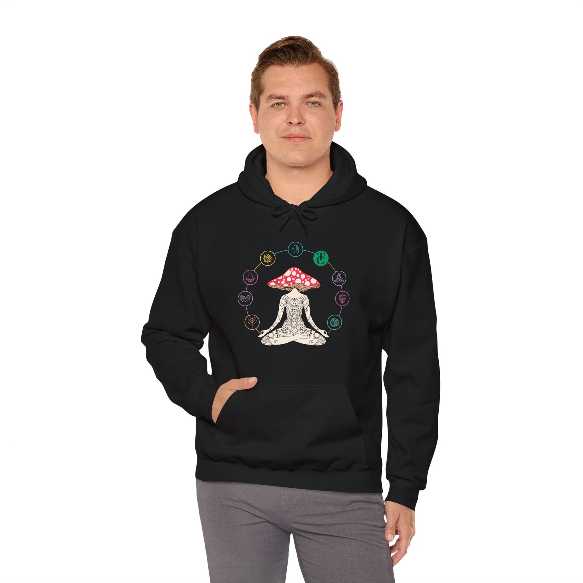 Meditative Mushroom Hoodie - Hooded Sweatshirt, Spiritual Fashion, Cozy Gift, Yoga Attire, Mindfulness Wear, Fall Fashion - THE CATCH