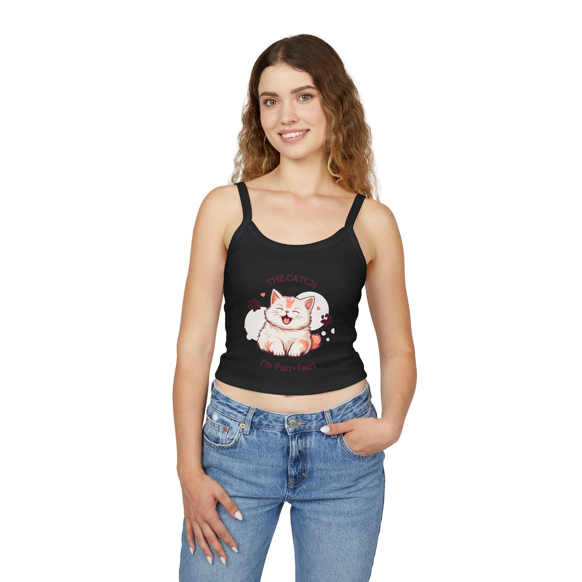 Cute Cat Themed Women's Spaghetti Strap Tank Top, Funny Pet Tee - THE CATCH