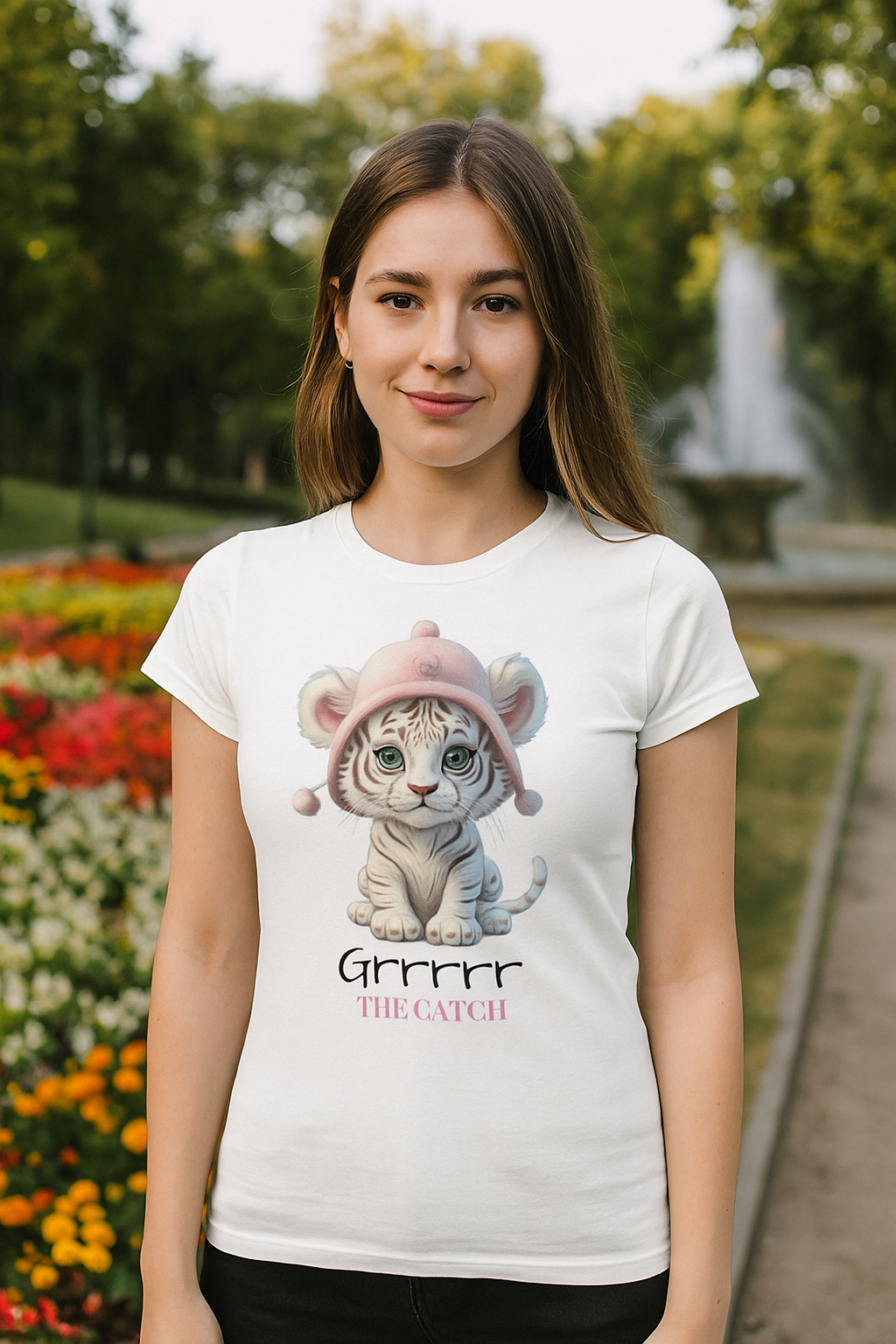 Cute Tiger Graphic Tee for Women - "Grrrrr The Catch" - THE CATCH