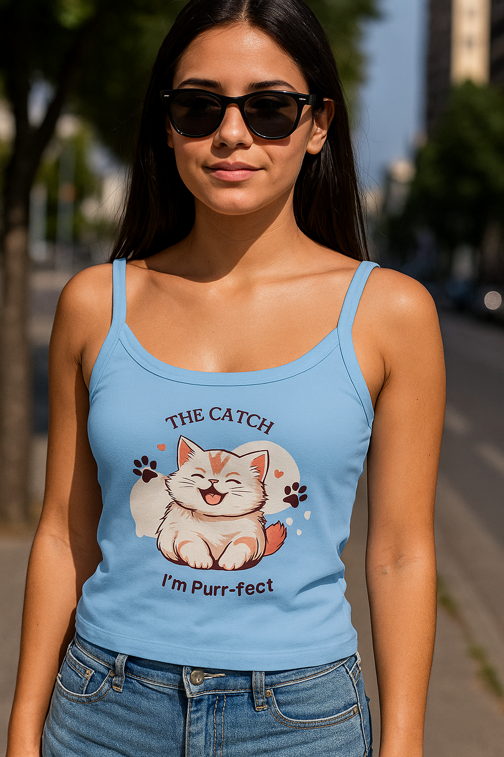 Cute Cat Themed Women's Spaghetti Strap Tank Top, Funny Pet Tee - THE CATCH